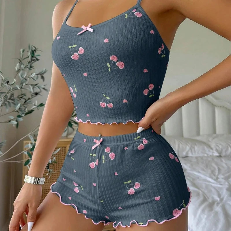 Ribbed Heart Print Pajama Set