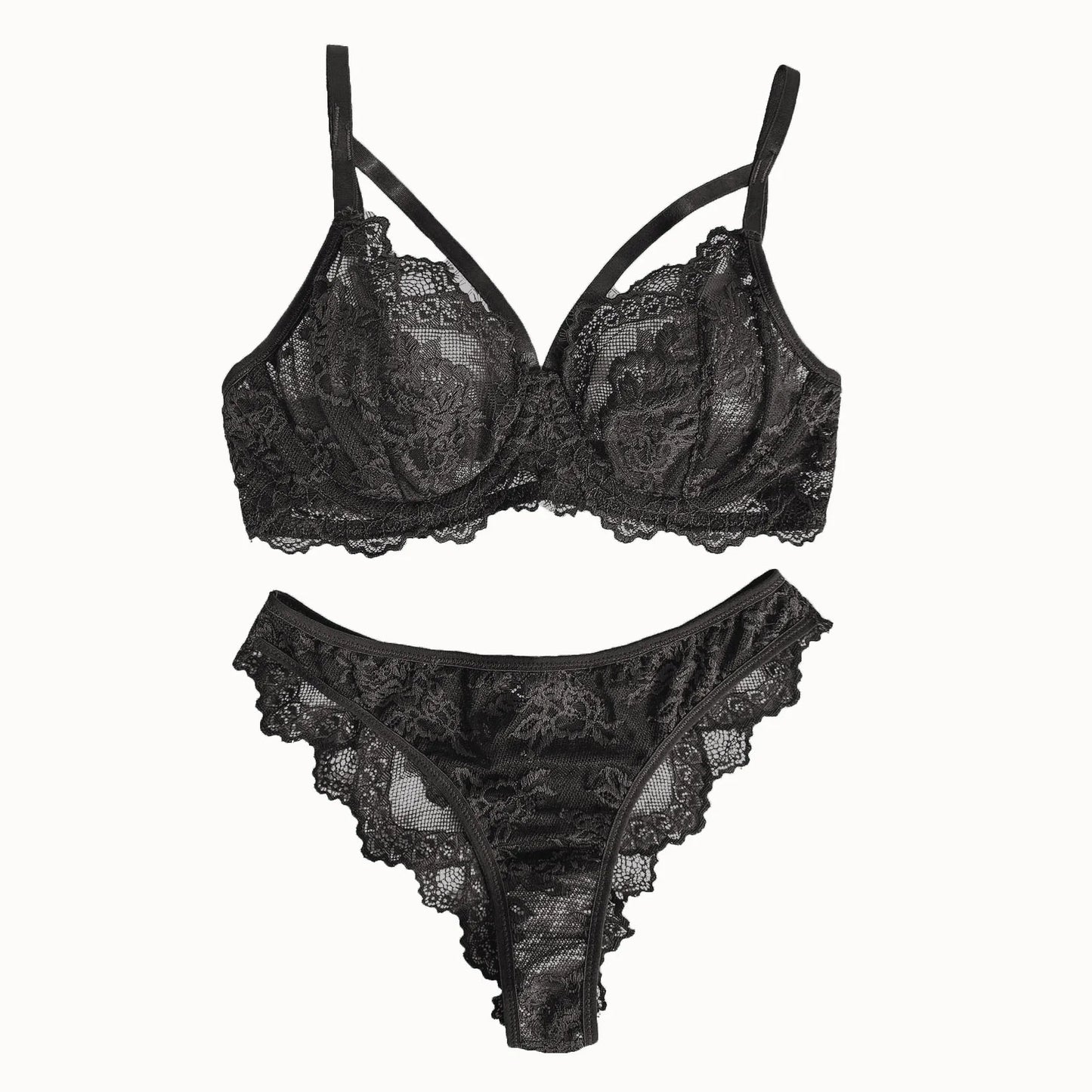 fancy Lace Strapping Underwire Bra & Panties Set