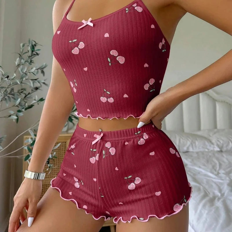 Ribbed Heart Print Pajama Set
