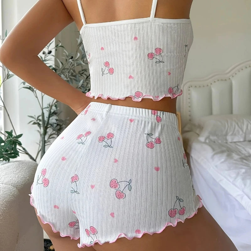 Ribbed Heart Print Pajama Set