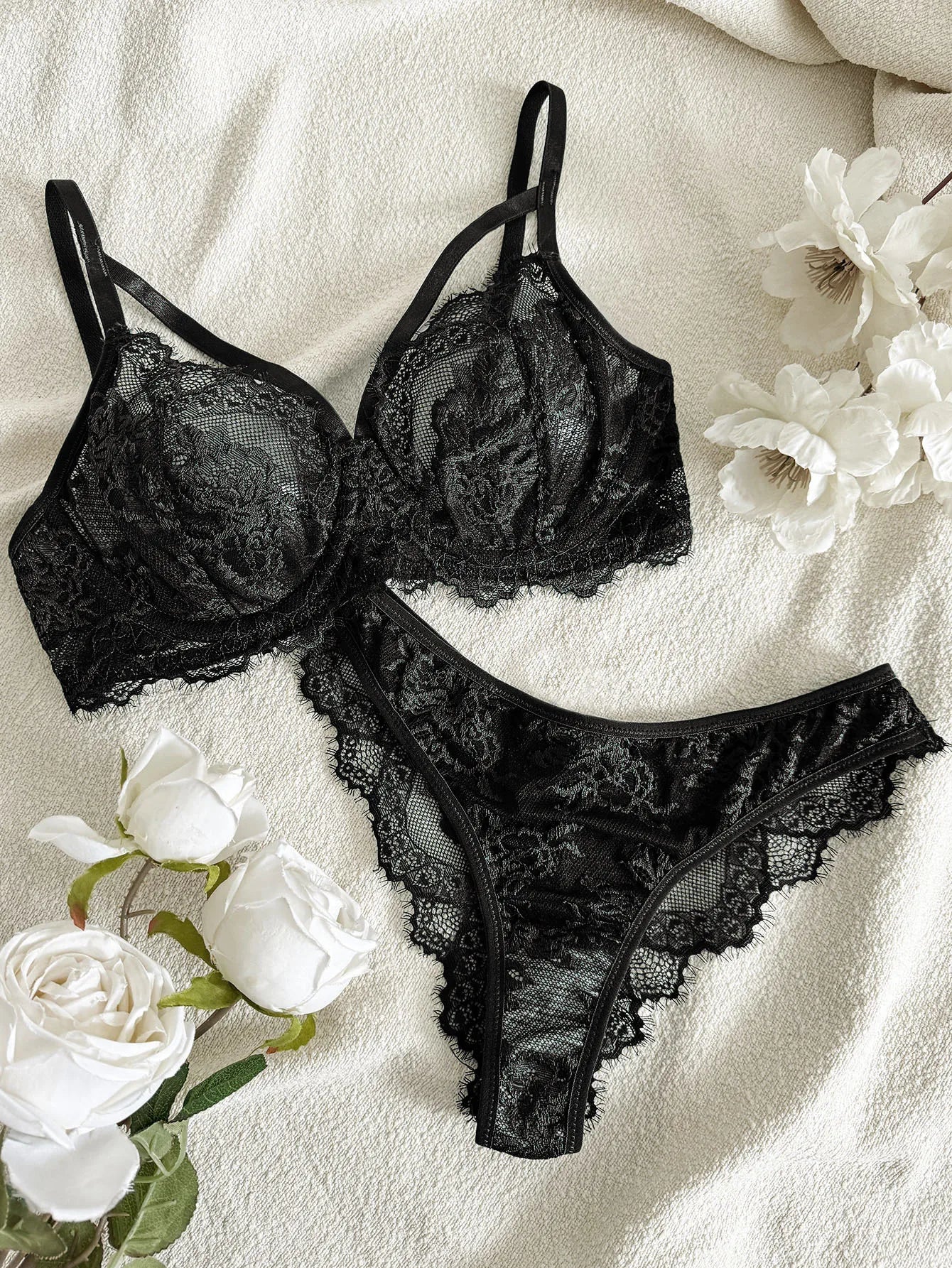 fancy Lace Strapping Underwire Bra & Panties Set