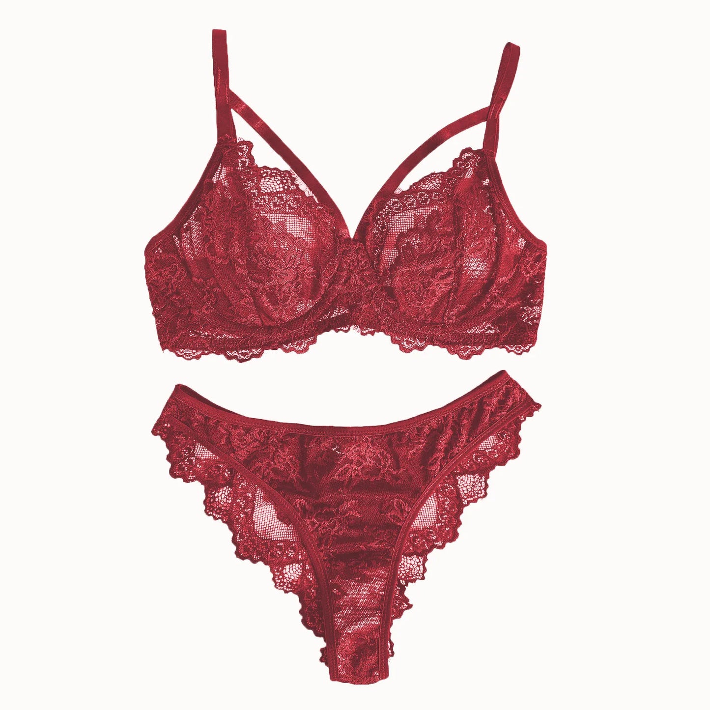 fancy Lace Strapping Underwire Bra & Panties Set