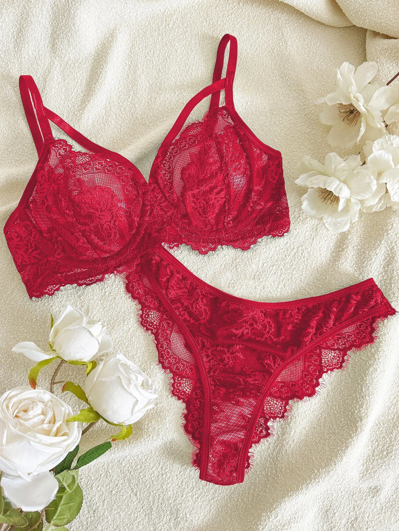 fancy Lace Strapping Underwire Bra & Panties Set
