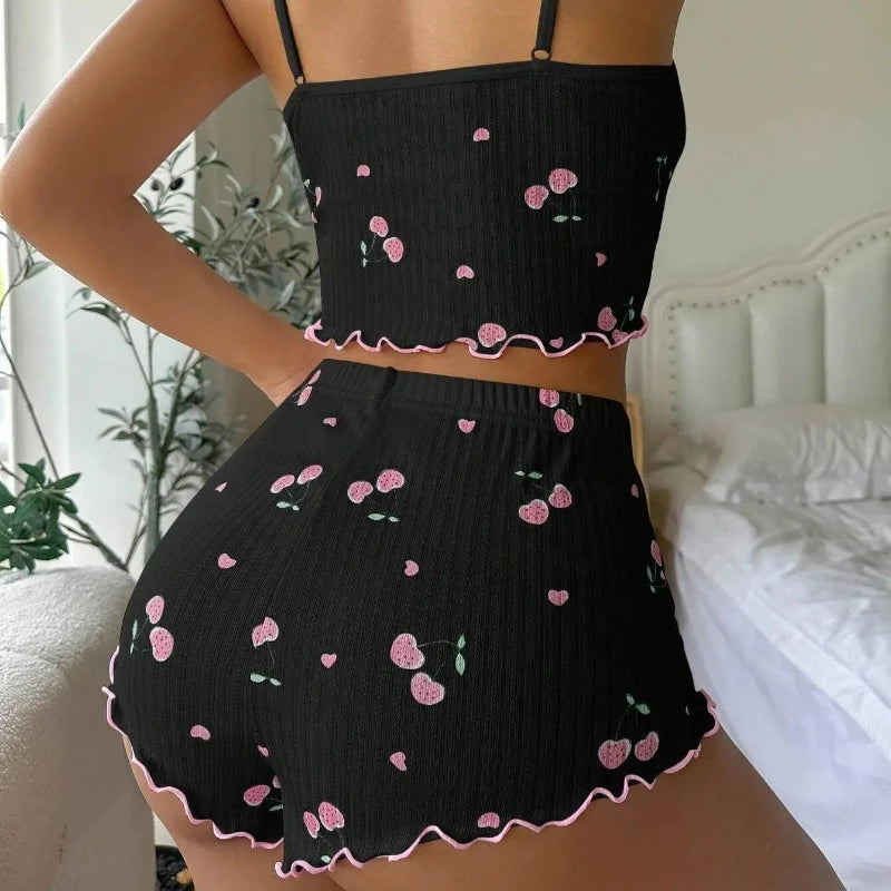 Ribbed Heart Print Pajama Set